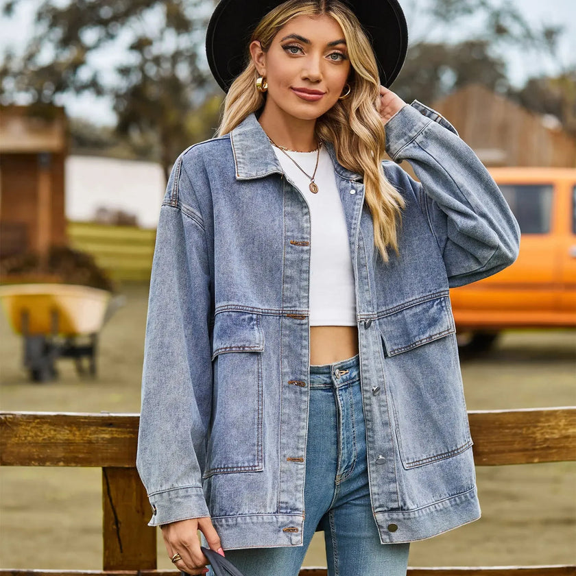 Denim Shirt Jacket Women Oversized Snap Front Patch Pockets