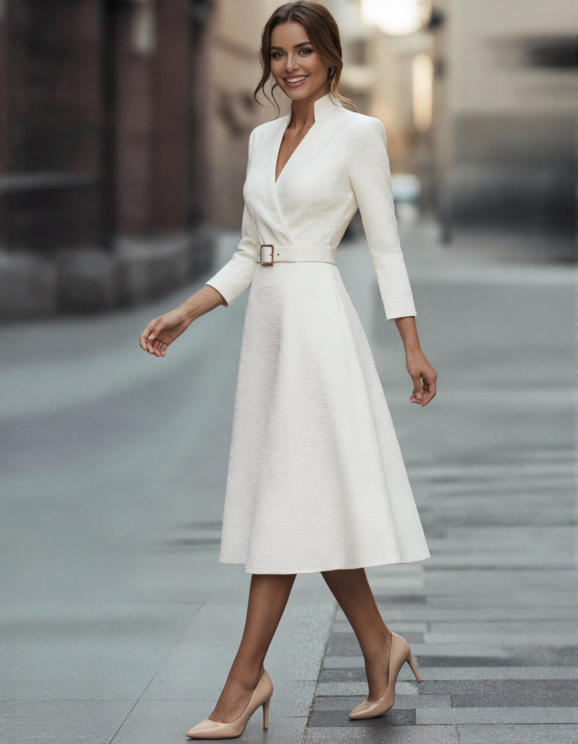 FJØRNA gold midi dress for women with V-neck, A-line silhouette, three-quarter sleeves, elegant and stylish evening wear