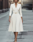 FJØRNA gold midi dress for women with V-neck, A-line silhouette, three-quarter sleeves, perfect for elegant occasions