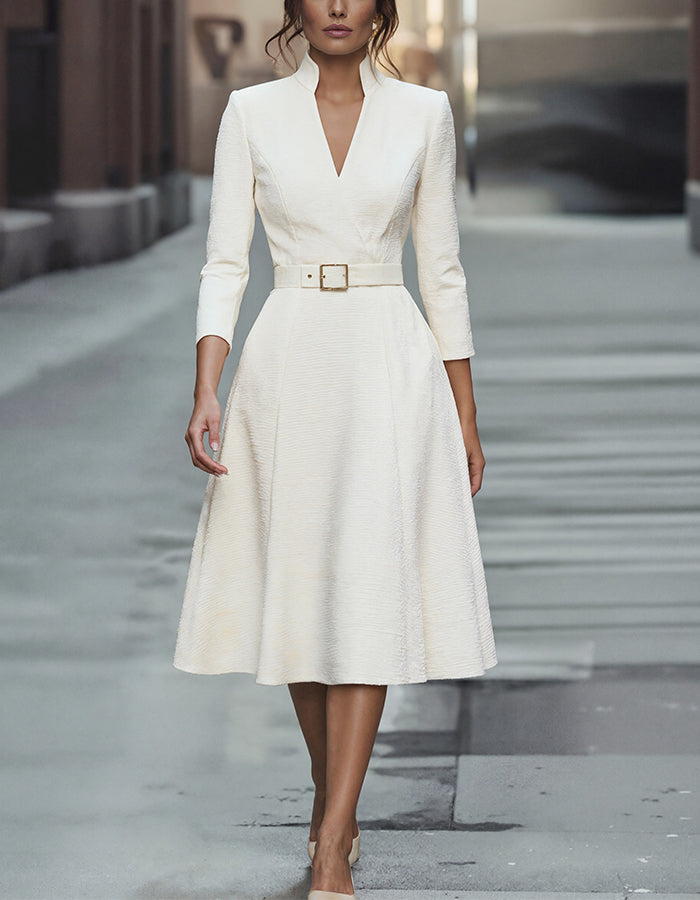 FJØRNA gold midi dress for women with V-neck, A-line silhouette, three-quarter sleeves, perfect for elegant occasions