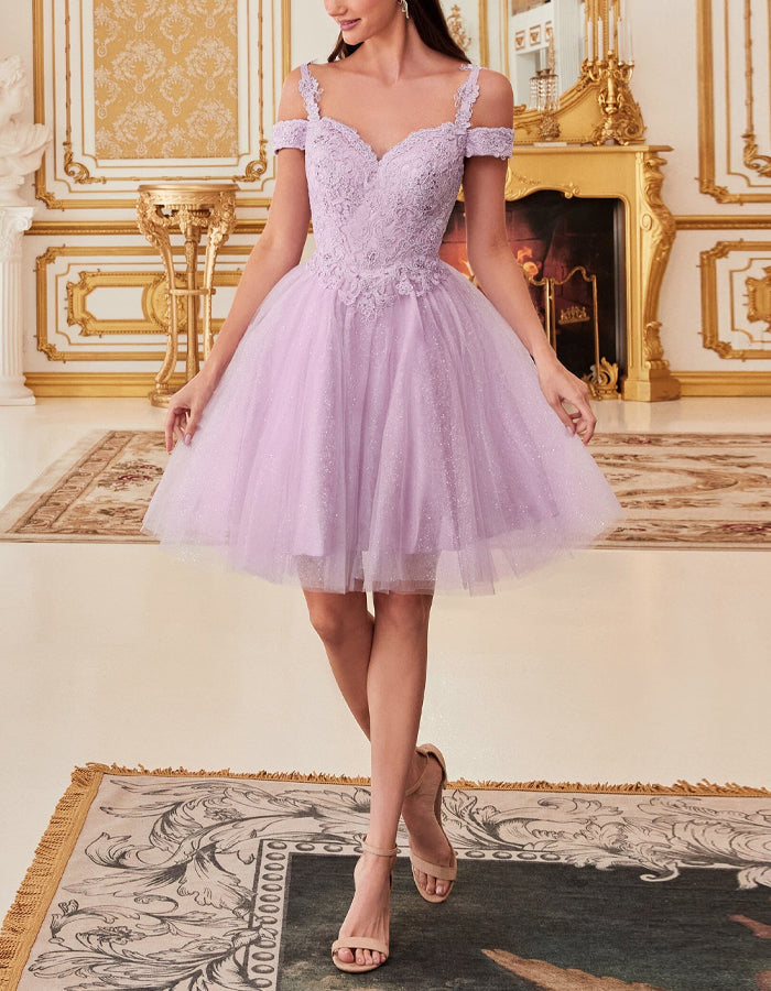 FJØRNA Champagne tulle off-shoulder cocktail dress for women, elegant and feminine with a flowing design.