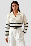 Cable Knit Sweater Women V-Neck Striped Diamond Texture Cotton