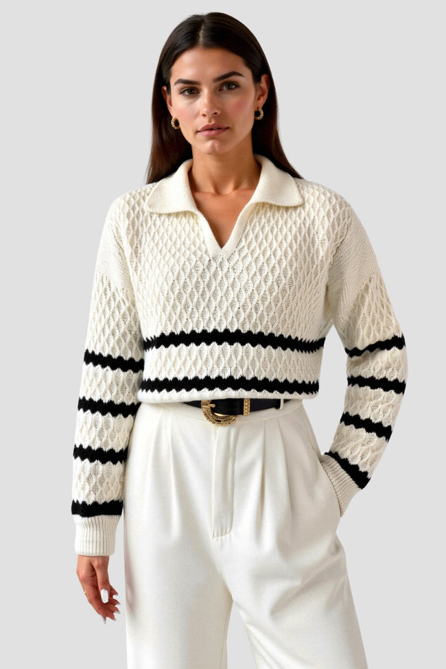 Cable Knit Sweater Women V-Neck Striped Diamond Texture Cotton