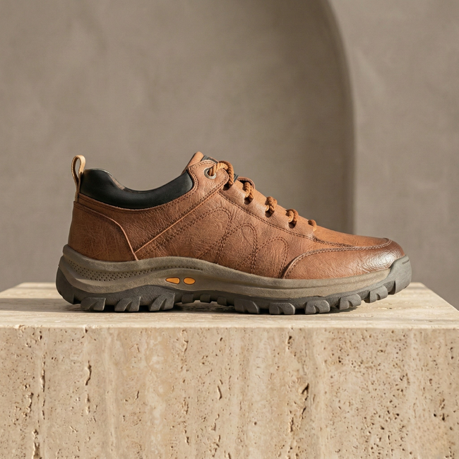 Men's red leather orthopedic shoes by FJØRNA, featuring comfortable design and supportive soles for walking.
