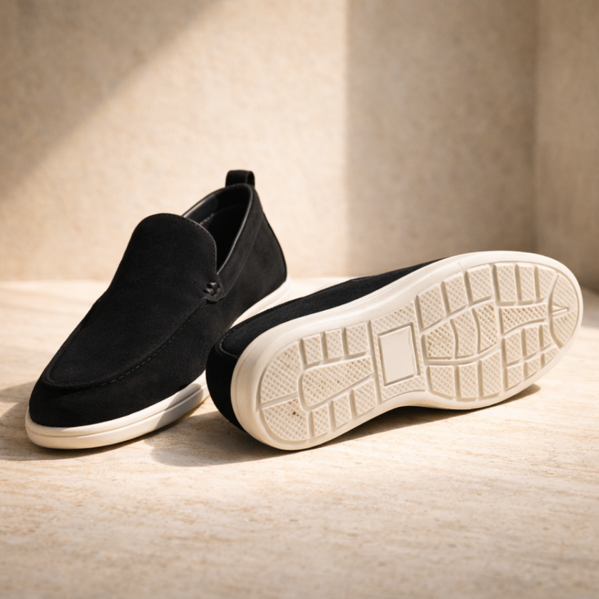Men's black suede slip-on loafers by FJØRNA, casual shoes with smooth suede finish and comfortable design.