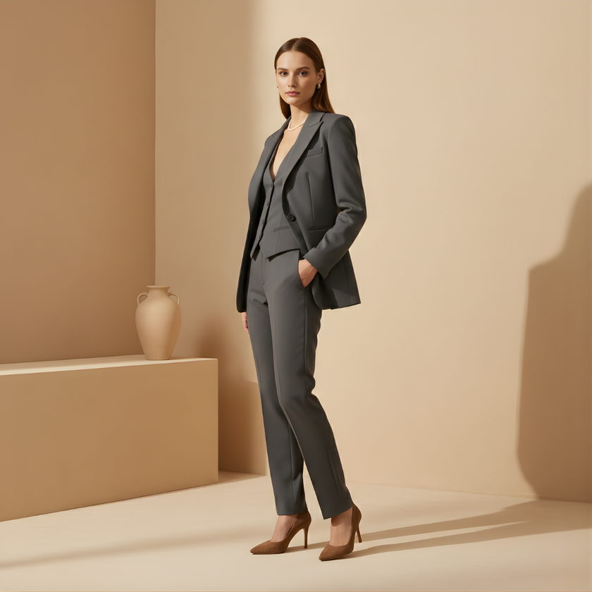 FJØRNA women's tailored 3-piece tweed suit set with pants, blazer, and skirt, perfect for professional or formal wear.