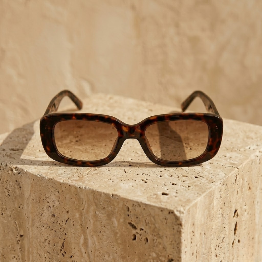 FJØRNA retro tortoiseshell rectangular unisex sunglasses with dark lenses, stylish accessory for women and men.