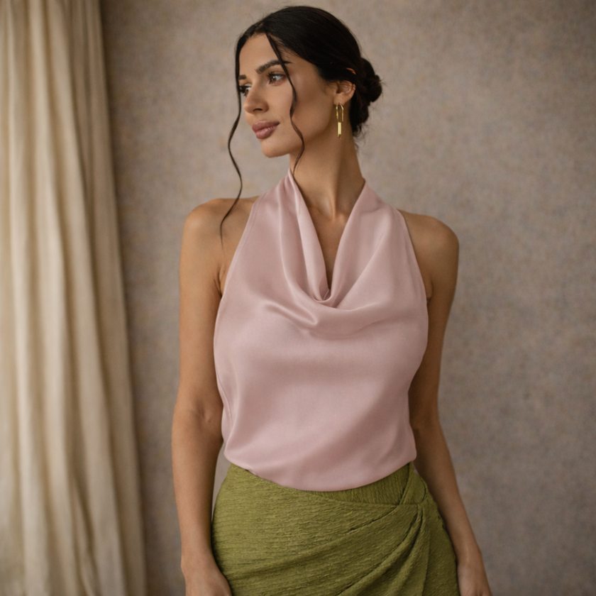 Cream satin cowl neck sleeveless top for women by FJØRNA, featuring a stylish mock neck and smooth, shiny fabric.
