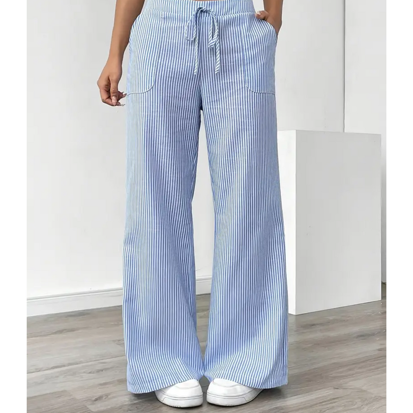 FJØRNA women's lightweight summer trousers with drawstring and striped pattern, casual and breathable for warm weather.