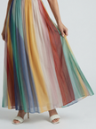 FJØRNA women's summer maxi dress with bold striped pattern and strapless design, flowing and lightweight for warm weather.