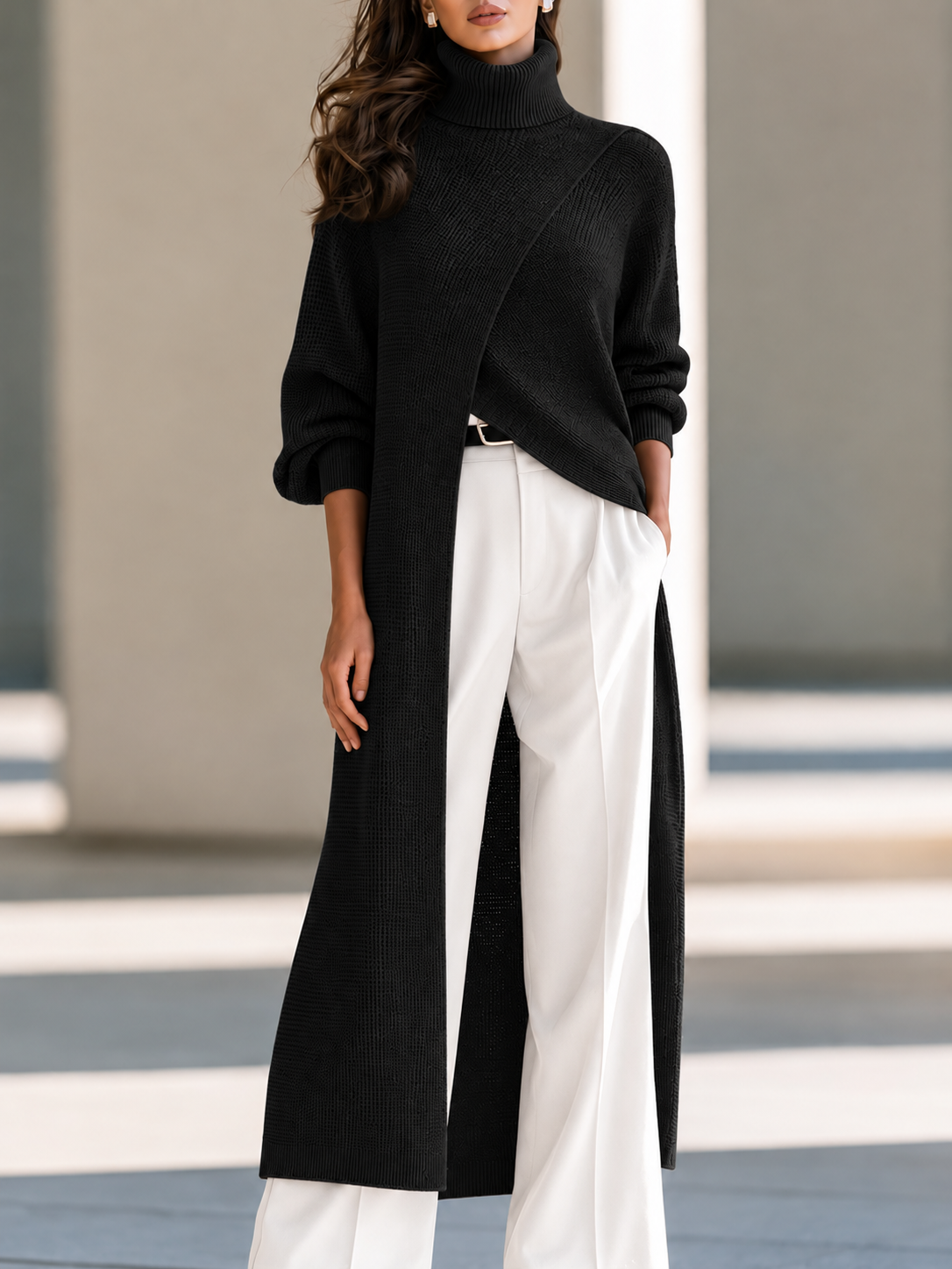 Asymmetric Wrap-Front Long Knit Top with Ribbed High Neck for Women