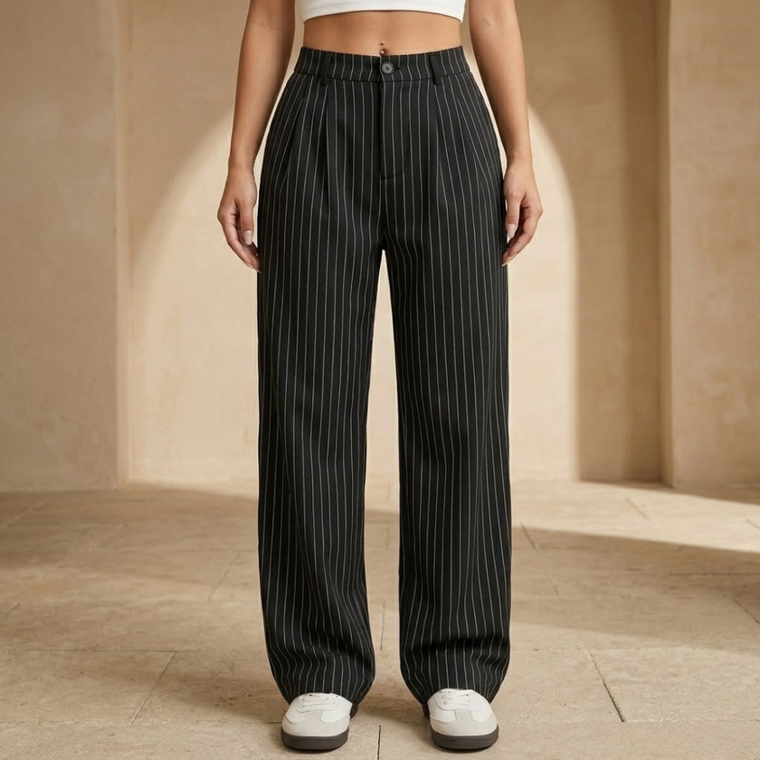 FJØRNA women's pinstripe high-waisted wide-leg trousers, tailored pants with a relaxed fit and classic pinstripe pattern.