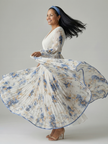 FJØRNA women’s floral midi dress with V-neck and long sleeves, perfect for summer, featuring a lightweight, flowy fabric and vibrant pattern.