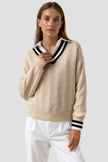Cable Knit Sweater Women V-Neck Contrast Trim Cotton Long Sleeve