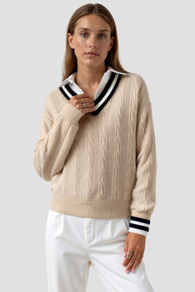 Cable Knit Sweater Women V-Neck Contrast Trim Cotton Long Sleeve
