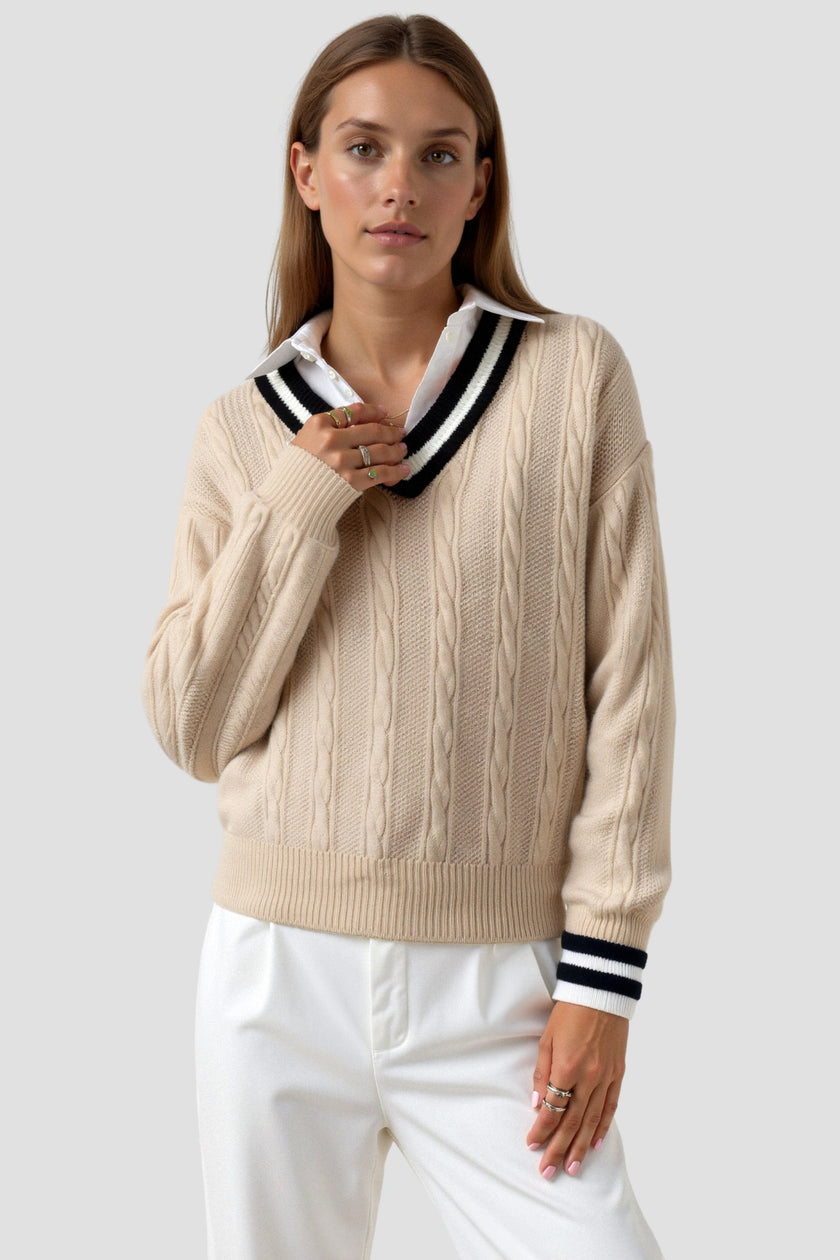 Cable Knit Sweater Women V-Neck Contrast Trim Cotton Long Sleeve