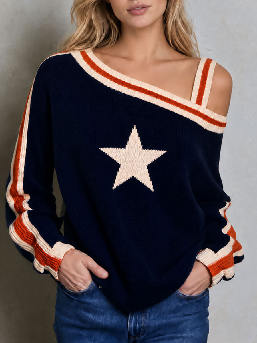 Navy Star Pattern Knit Sweater One-Shoulder Color-Block Retro for Women