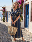 FJØRNA women's summer midi dress with striped pattern, short sleeves, wrap style, lightweight fabric, perfect for warm weather.