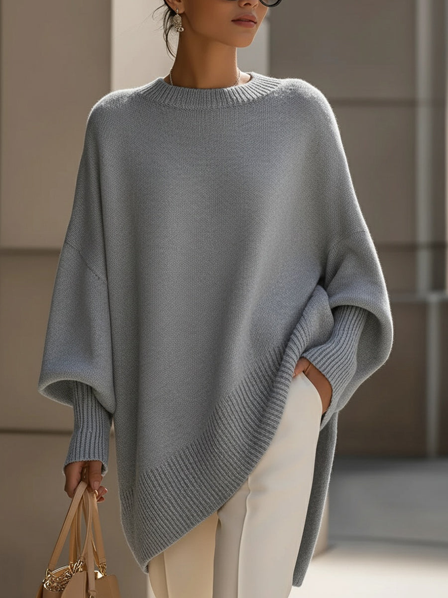 Beige Oversized Poncho Sweater with Ribbed Crew Neck and Sloped Hem for Women