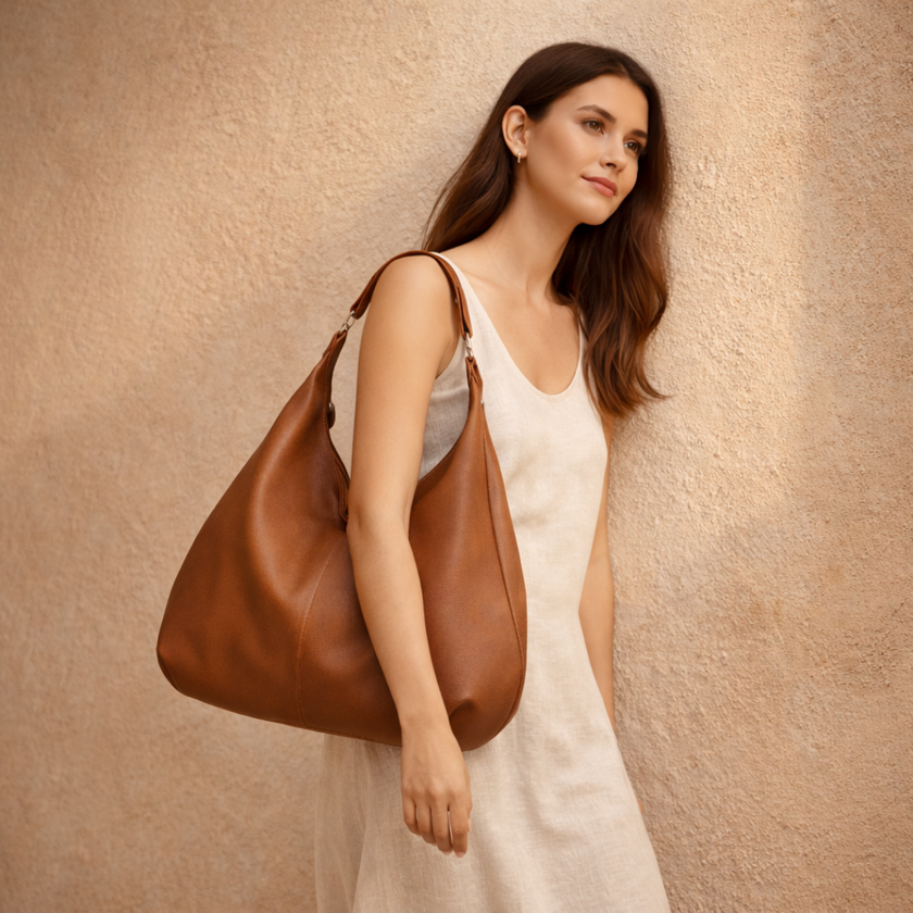 Large FJØRNA leather hobo bag for women with spacious design and stylish appearance, featuring a soft, textured leather surface.