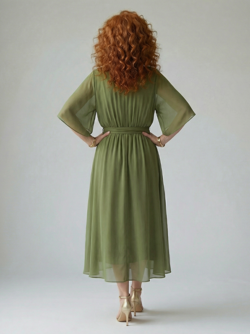 Flowy lightweight summer midi dress for women by FJØRNA, featuring a breezy, feminine design perfect for warm weather.