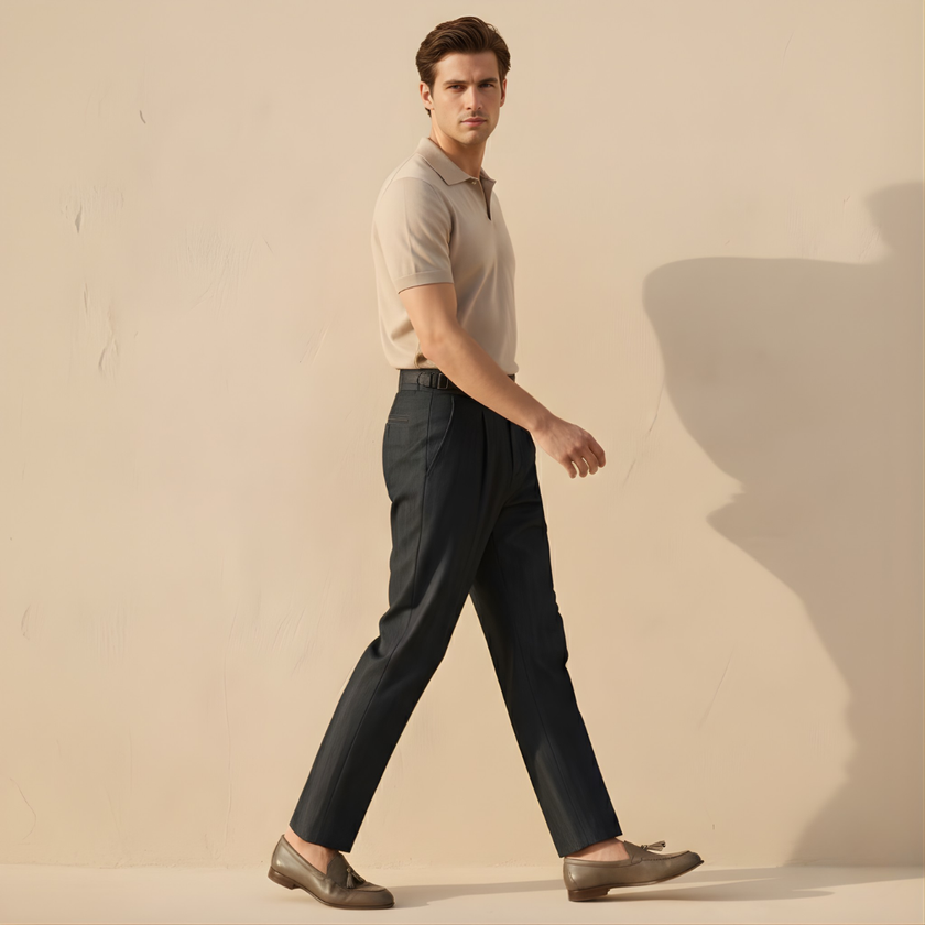 Blue FJØRNA men's straight-leg cotton trousers with slim fit design, shown on a mannequin, front view.