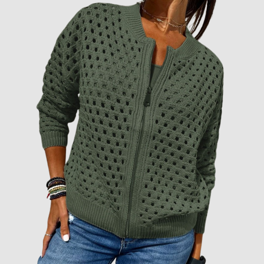 Plaid Zip-Up Knit Cardigan Sweater with Cut-Out Details for Women | Desiree