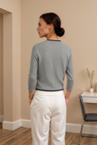 Contrast Trim Sweater Women Lapel Collar Cotton Blend Grey