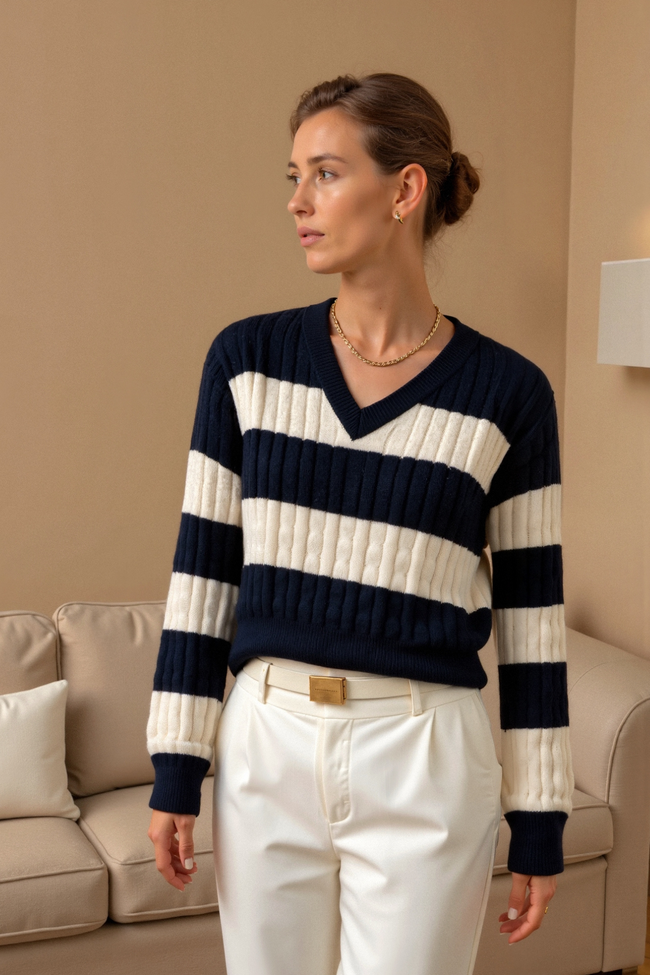 Cable Knit Sweater Women V-Neck Color Block Drop Shoulder Cotton
