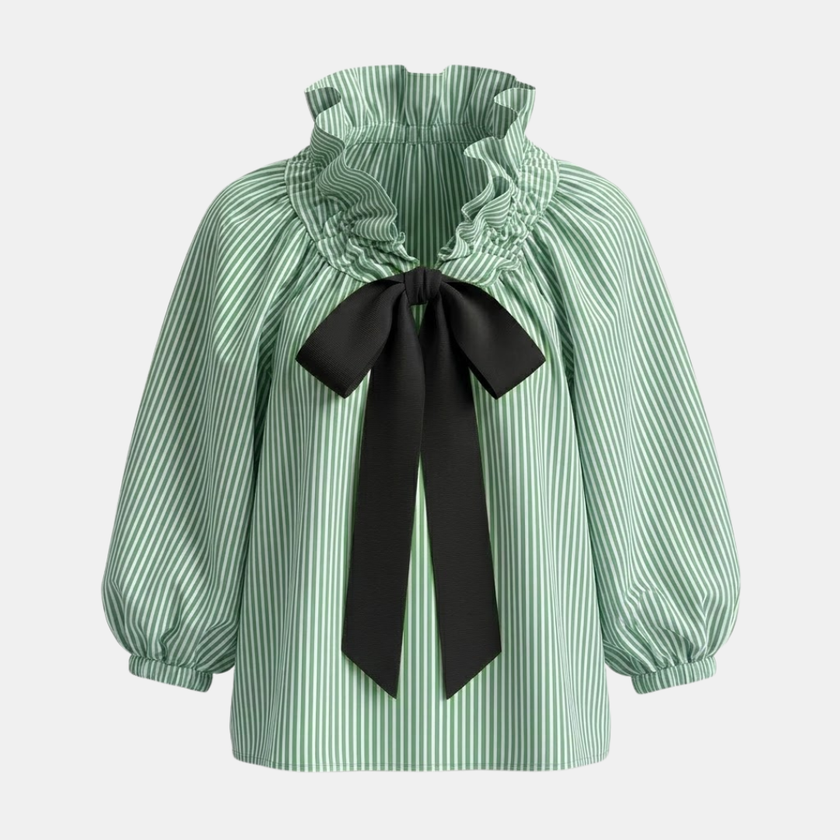 FJØRNA gingham ruffle oversized women's blouse with long sleeves, featuring a relaxed fit and stylish ruffle details.