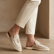FJØRNA women’s red sheepskin suede slip-on flat sandals with brown leather detailing, stylish and comfortable footwear.