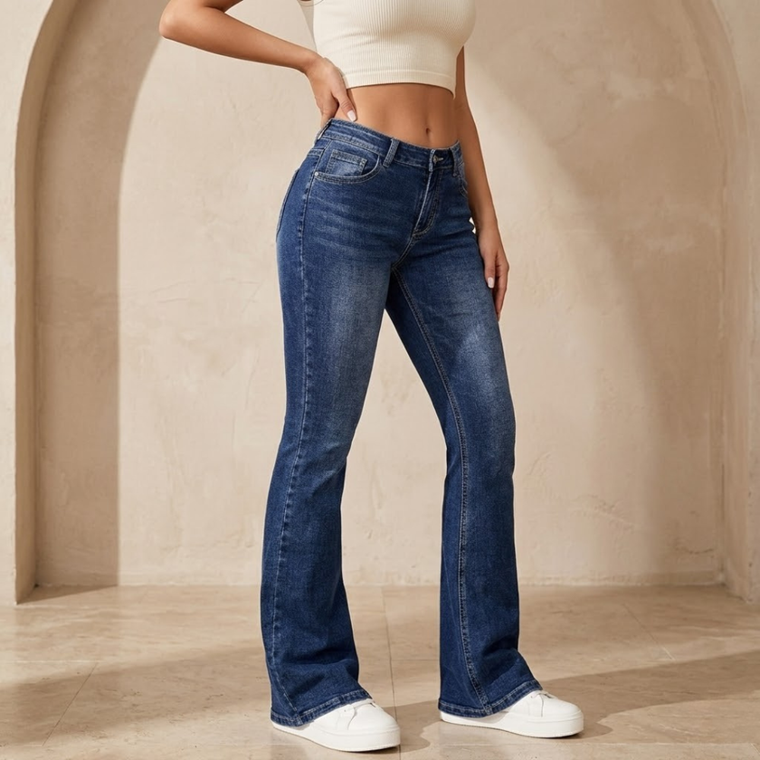 Women's mid-waist stretch flared jeans by FJØRNA, slim flare denim pants with a fitted waist and flared leg design.