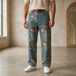 Unisex rose print wide-leg floral denim jeans from FJØRNA, featuring a relaxed fit and vibrant rose pattern on durable denim fabric.