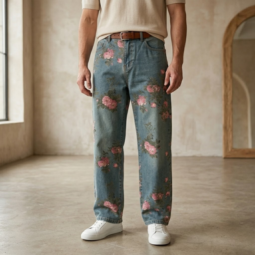 Unisex rose print wide-leg floral denim jeans from FJØRNA, featuring a relaxed fit and vibrant rose pattern on durable denim fabric.