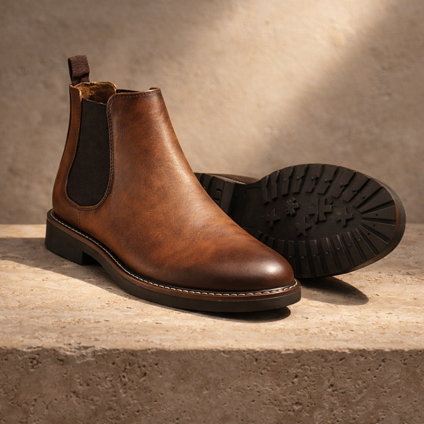 FJØRNA Retro Leather Chelsea Boots for Men, stylish black shoes with elastic side panels and sleek leather finish.