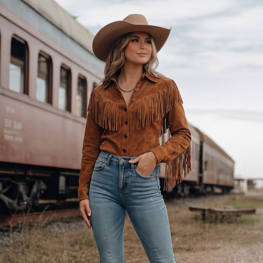 Suede Shirt Jacket Women Fringe Western Snap Front