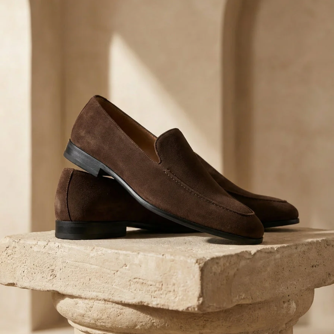 Brown suede low-top casual shoes for men by FJØRNA, featuring a stylish and comfortable loafers design.