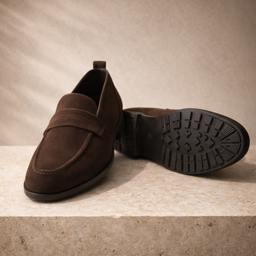 FJØRNA men's leather penny loafers, classic slip-on shoes in brown with smooth leather finish and subtle stitching details.