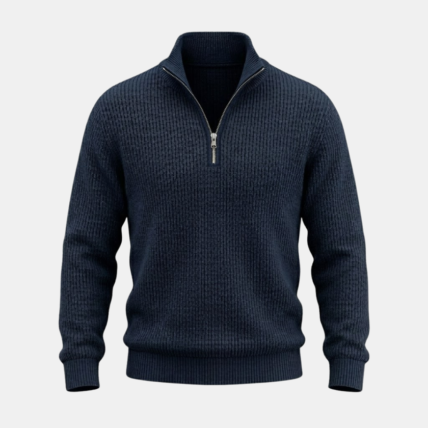 Men's FJØRNA half-zip collar knit jumper sweater in a cozy, textured fabric, shown in a close-up view highlighting the collar and knit pattern.
