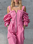 Pink denim strappy tapered long sleeve jumpsuit for women by FJØRNA, featuring a fitted design with long sleeves and stylish details.