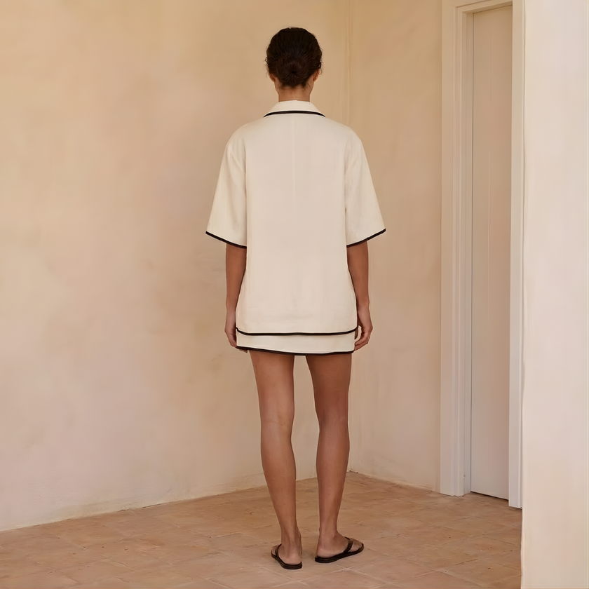 FJØRNA women's linen blend co-ord set featuring a matching top and pants in a casual, stylish design.