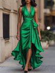 Navy satin halter ruffle gown by FJØRNA featuring elegant ruffle details and a sleek satin finish, perfect for formal occasions.