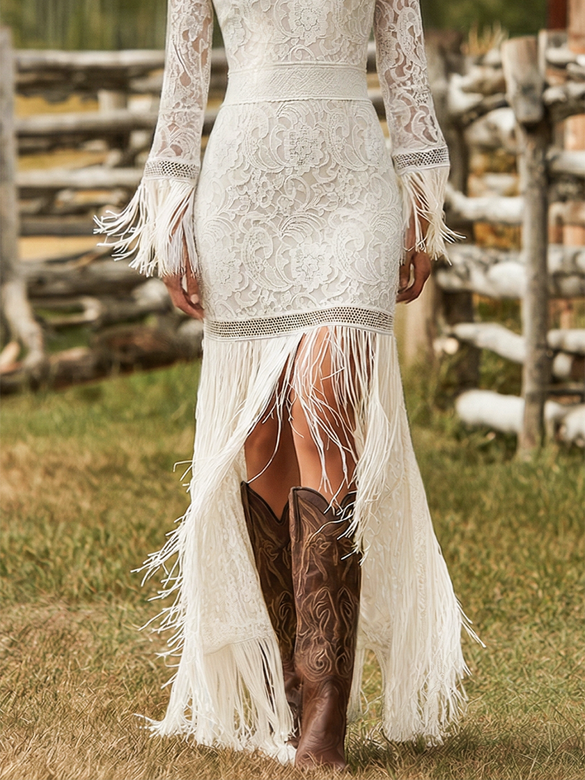 White lace V-neck maxi dress by FJØRNA, elegant evening dress with intricate lace details and flowing silhouette.