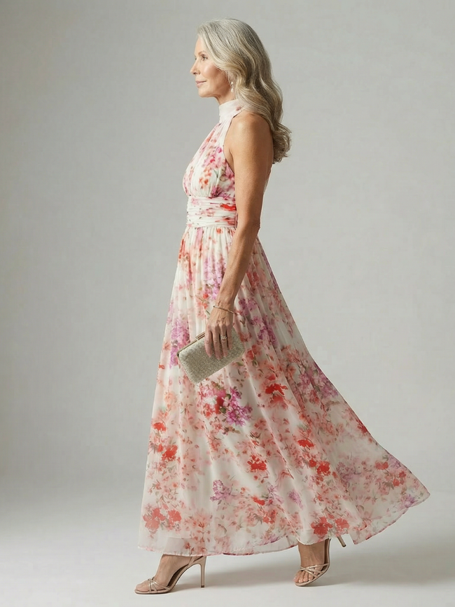 FJØRNA women's floral summer maxi dress with halter neck and sleeveless design, breathable and perfect for warm weather.