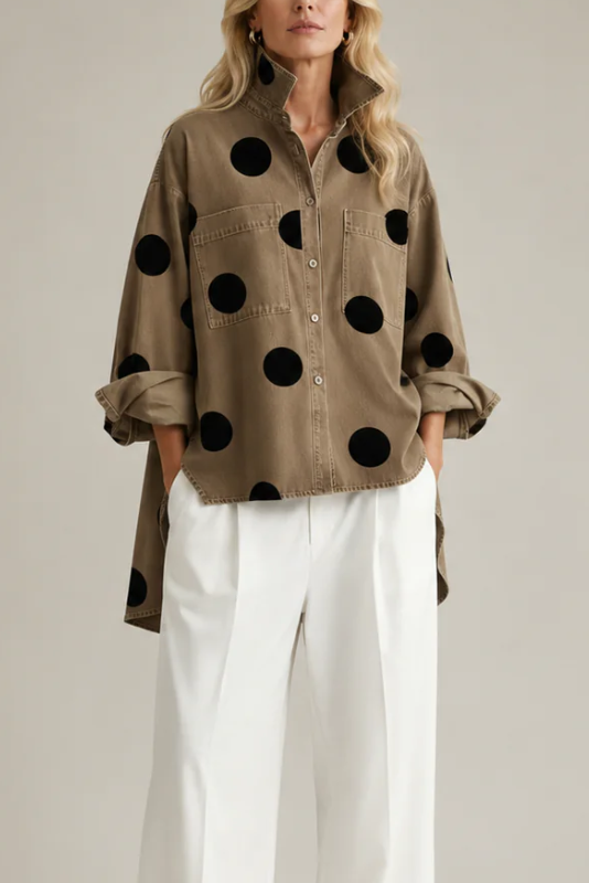 Polka Dot Blouse Women Oversized Short Sleeve Button Front