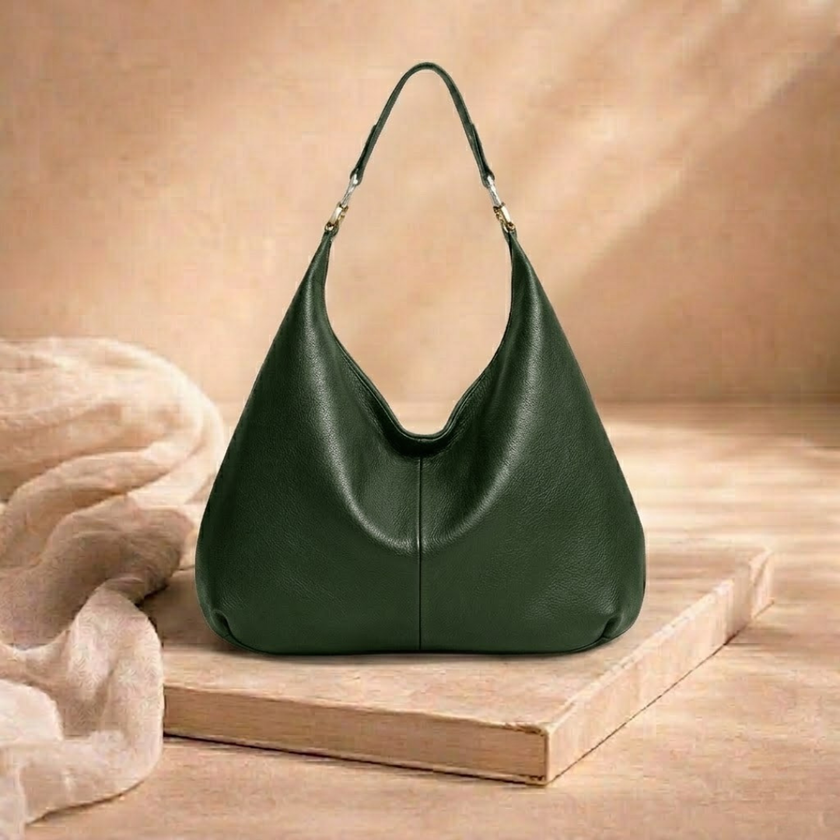 Large leather hobo bag for women by FJØRNA, stylish and spacious tote with soft leather finish and shoulder strap.