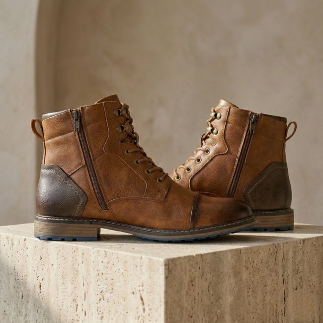 Men's FJØRNA leather orthopedic hiking boots with sturdy soles and ankle support, designed for durable outdoor walking.