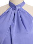 Lavender satin cross-neck sleeveless blouse for women by FJØRNA, stylish top with elegant design and smooth fabric.