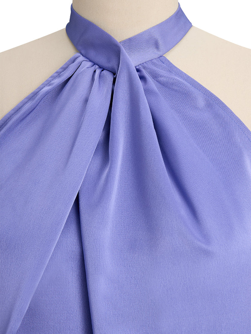 Lavender satin cross-neck sleeveless blouse for women by FJØRNA, stylish top with elegant design and smooth fabric.