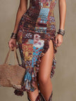 FJØRNA floral midi dress featuring a casual, flowy design with a vibrant floral pattern and short sleeves.